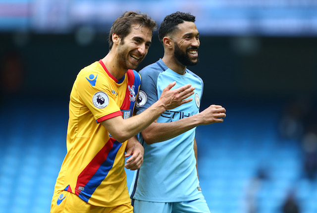 MANCHESTER, ENGLAND - MAY 06: Mathieu Flamini of Crystal Palace and Gael Clichy of Manchester City speak after the Premier League match between Manchester City and Crystal Palace at the Etihad Stadium on May 6, 2017 in Manchester, England. (Photo by Dave Thompson/Getty Images)