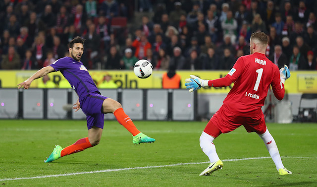 COLOGNE, GERMANY - MAY 05: Claudio Pizarro of Bremen scores the offside goal during the Bundesliga match between 1. FC Koeln and Werder Bremen at RheinEnergieStadion on May 5, 2017 in Cologne, Germany. (Photo by Lars Baron/Bongarts/Getty Images)