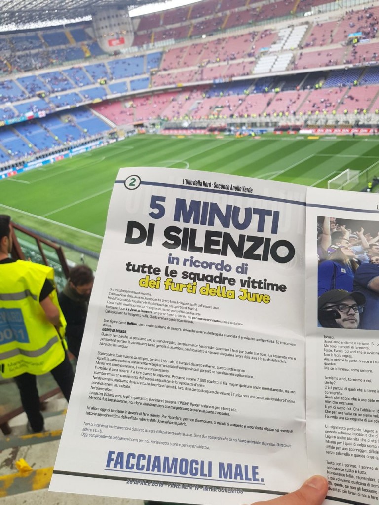 Inter-Juve, la Nord: “5 minuti di silenzio per tutte le squadre vittime dei furti della Juve”