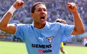 Lazio's Argentine midfielder Diego Simeone celebrates after scoring the first goal for his team during Italian major league soccer match against Chievo at the Olympic stadium in Rome Sunday, Sept. 15, 2002. Chievo won 3-2. (AP Photo/Giuseppe Calzuola)