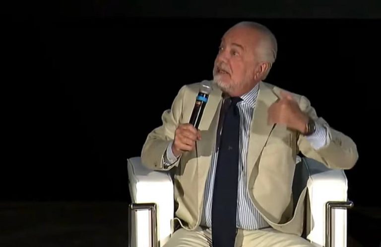 Inter da qui a un anno? De Laurentiis scherza con Marotta: “Viene venduta”