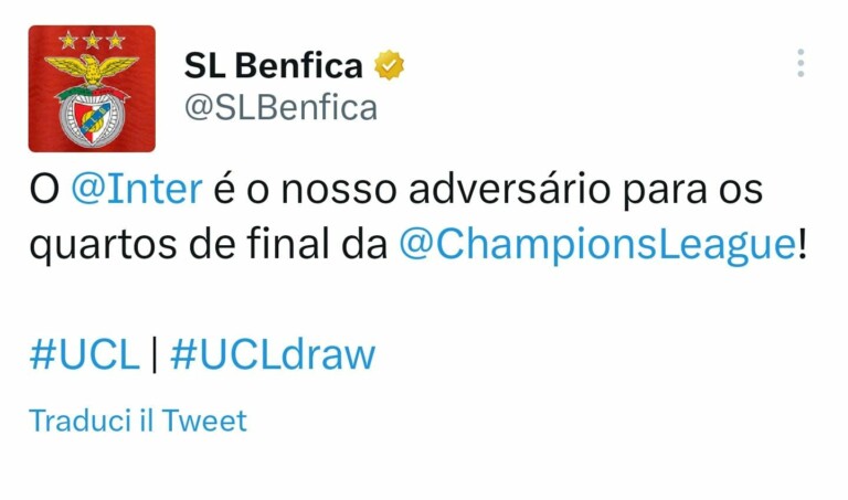 Inter-Benfica, la reazione dei tifosi portoghesi: “Sorteggio da sogno”